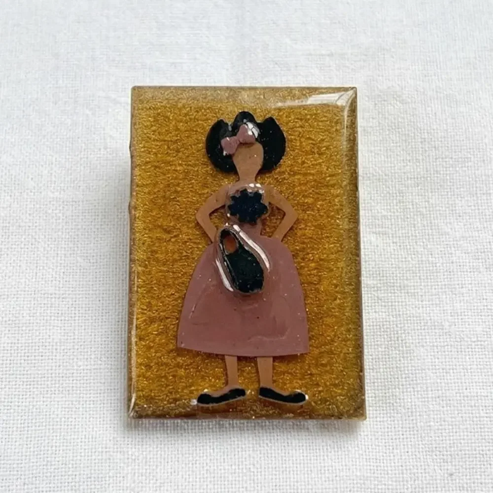 Lucinda Woman Pin Brooch Wood Girl Brown Dress Hat Vintage Figure